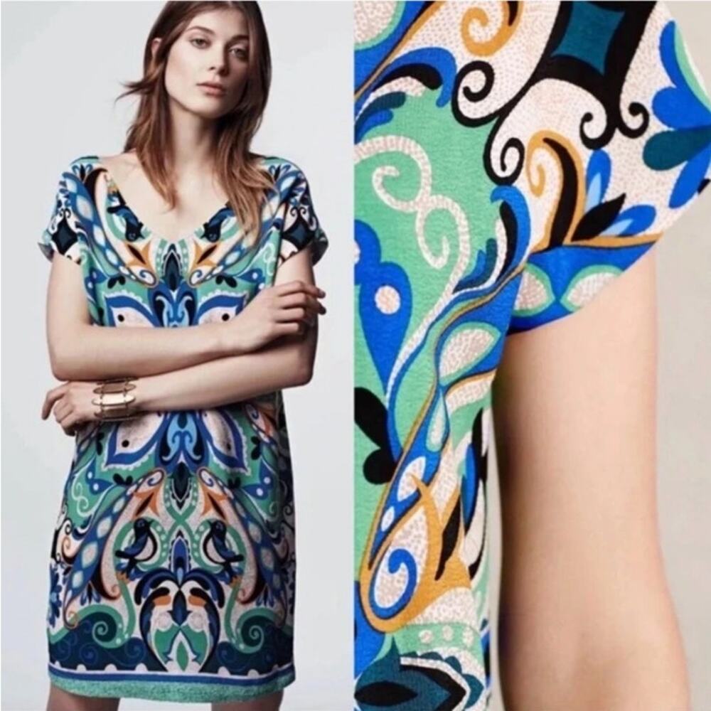 MAEVE Anthropologie Folksong Bird Shift Dress Blue & Green Size L Geometric Boho